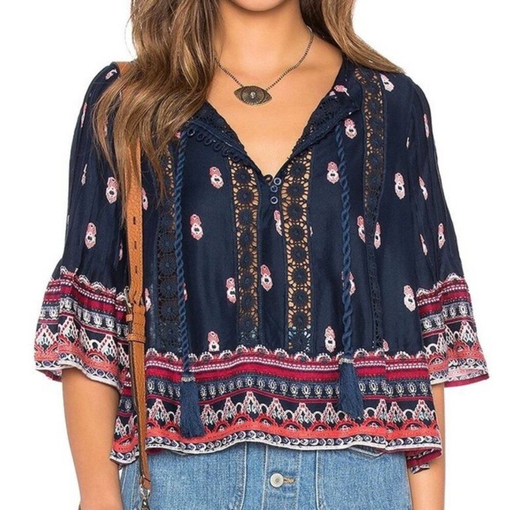 Tularosa Finn Blouse Top Lace Bell Sleeves Navy Size XS